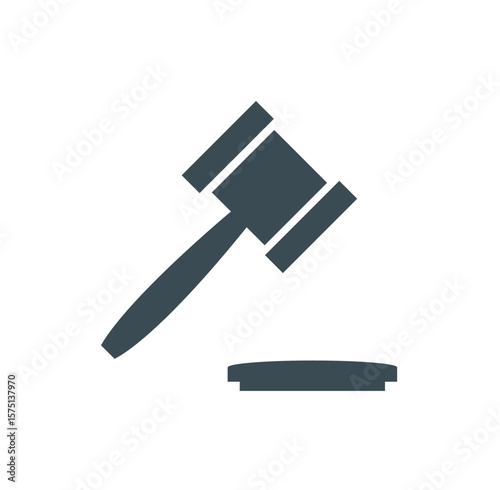 A stylized, simplified illustration of a gavel resting on a sound block, symbolizing law and justice.
