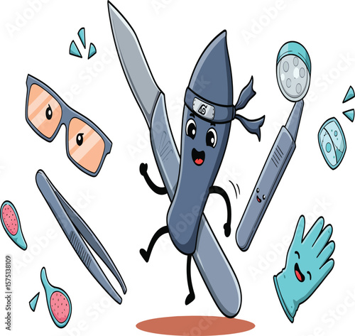 A cheerful scalpel ninja and its medical tool friends.