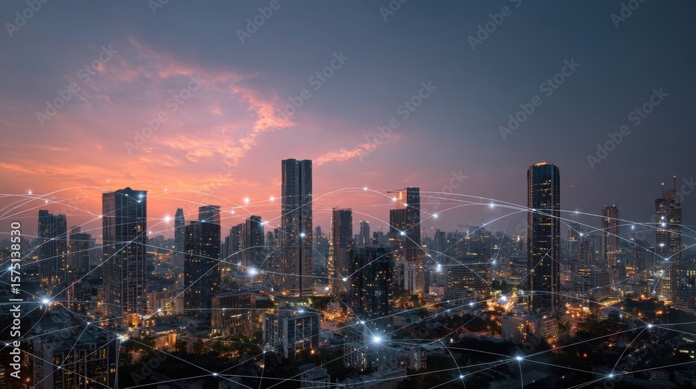 Fototapeta premium Dynamic visual of a modern city skyline at dusk illuminated with digital interfaces and data flows illustrating the impact of technology on urban business ecosystems and the drive for