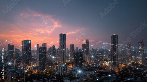 Wallpaper Mural Dynamic visual of a modern city skyline at dusk illuminated with digital interfaces and data flows illustrating the impact of technology on urban business ecosystems and the drive for Torontodigital.ca