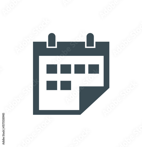 Simple, dark gray calendar icon, showing a rectangular calendar page with a portion folded over.