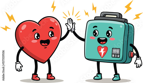 A happy heart and AED giving a high-five, symbolizing teamwork in cardiac health.