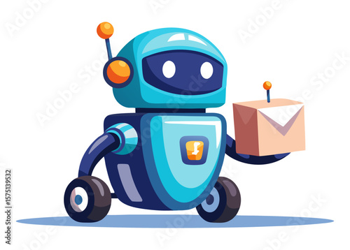 A cute, friendly blue robot with an antenna, holding an envelope, symbolizing AI communication, delivery, or automated assistance.