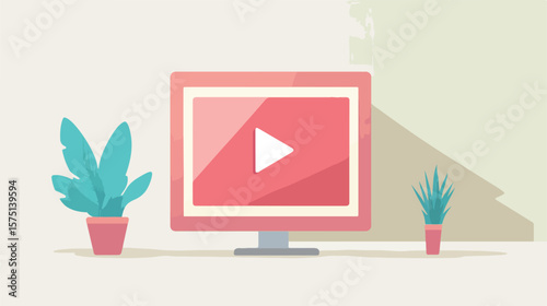 Professional Video Screen with Play Button Flat Vector Illustration