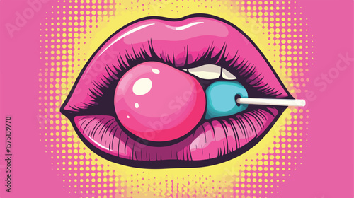 Pop Art Mouth with Bubble Gum Balloon Fill Style Photo