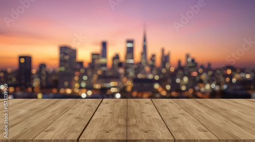 Wallpaper Mural Wooden Table with City Sunset View – Urban Presentation Background Torontodigital.ca