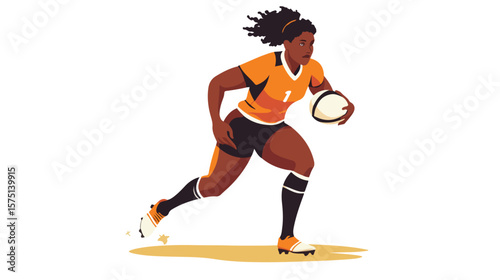 Confident Female Rugby Player Holding Ball in Action Pose