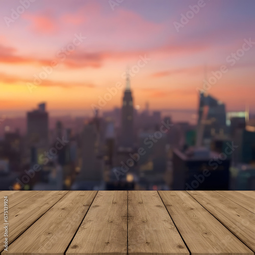 Wallpaper Mural Wooden Table with City Sunset View – Urban Presentation Background Torontodigital.ca