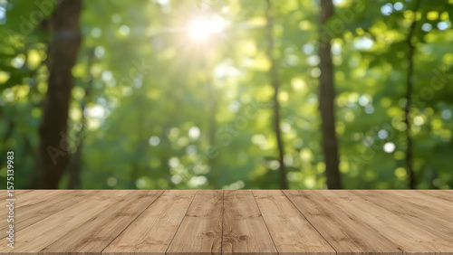 Wallpaper Mural Wooden Table with Forest Background – Natural Green Presentation Torontodigital.ca
