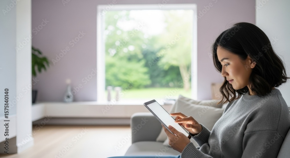 Woman Using Tablet on Sofa in Bright Living Room Woman Using Tablet on Sofa in Bright Living Room
