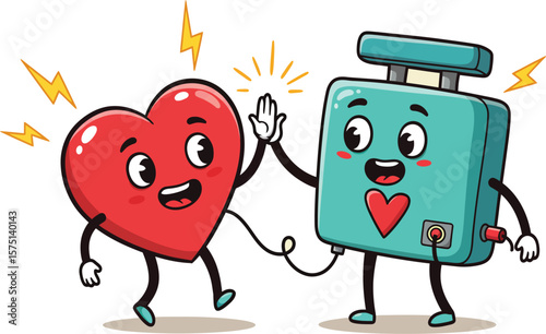 Happy heart and defibrillator giving a high-five, symbolizing life support and recovery.
