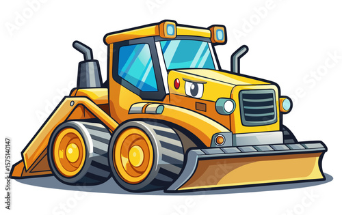 A cartoon yellow bulldozer with a grumpy expression.
