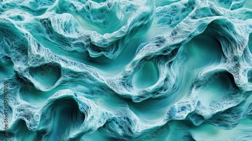 Close-up view of textured, abstract, flowing, and wavy blue-green surface with intricate porous and fibrous patterns resembling natural formations or microscopic structures