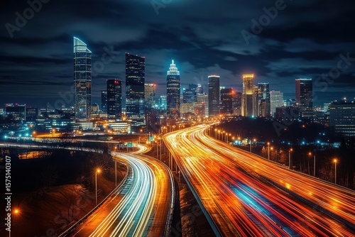 Vibrant cityscape at night showing illuminated skyscrapers and brightly lit highways with dynamic light trails creating a sense of motion and urban energy