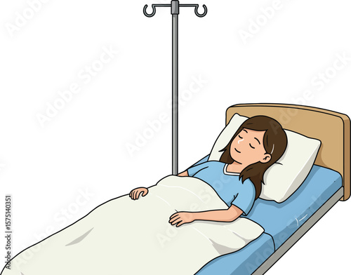 A young girl rests peacefully in a hospital bed, connected to an IV stand.