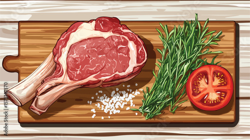 Fresh Raw Lamb Leg on Wooden Board with Salt and Tomato