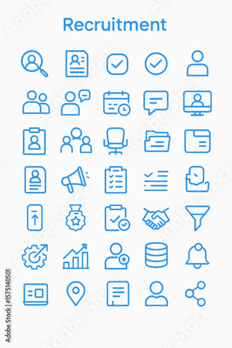 Collection of blue line icons representing various recruitment process elements.