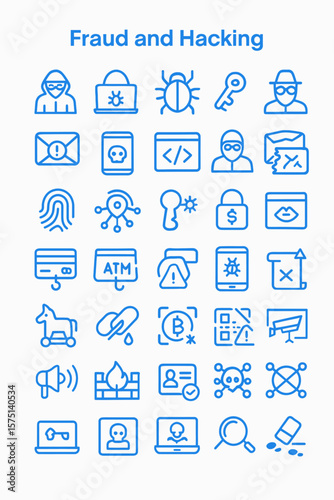 Collection of simple line icons depicting various fraud and hacking methods.