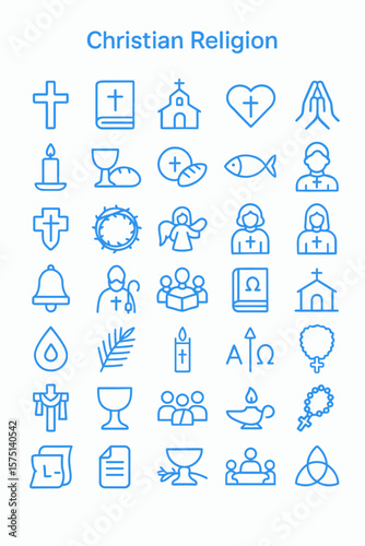Collection of simple line art icons representing Christian religious symbols and figures.