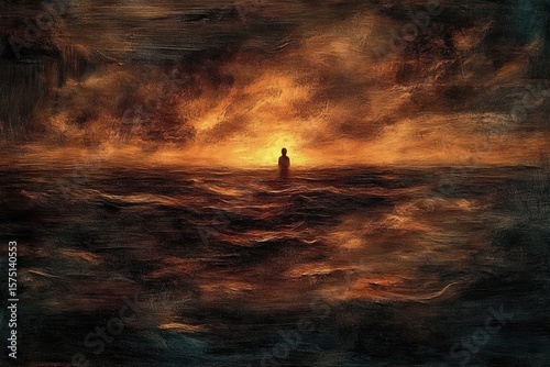 Silhouette of a solitary person standing in turbulent water against a dramatic fiery sunset sky, evoking a sense of isolation and contemplation