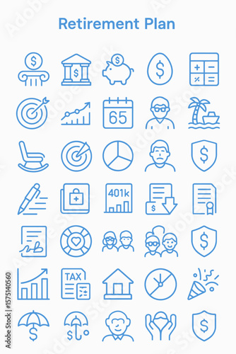 Retirement planning icons, showing various financial and lifestyle aspects of retirement.