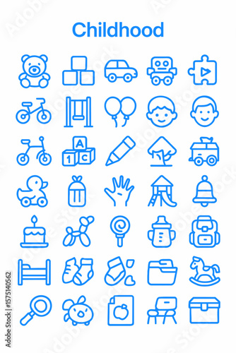 A collection of blue line icons depicting childhood toys, activities, and objects.