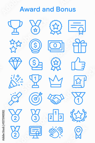 A collection of blue line icons representing awards, bonuses, and achievement symbols.