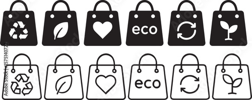 Eco-Friendly Shopping Bag Icons Set – Minimalist Outline Style