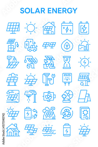 Blue line icons illustrating various applications of solar energy, from homes to vehicles and power grids.