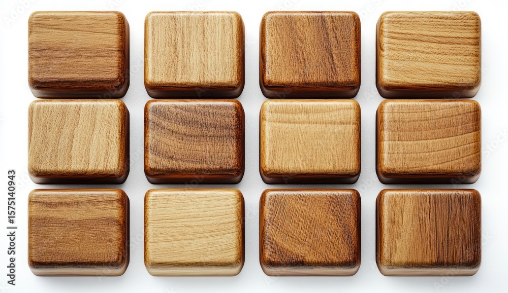 Fototapeta premium Twelve polished wooden squares with varying natural wood grain patterns neatly arranged in a grid on a white background, evoking a sense of order and simplicity