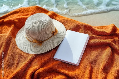 A beige wide-brimmed hat and a closed blank notebook lying on an orange towel near the edge of a gentle ocean wave on sandy beach