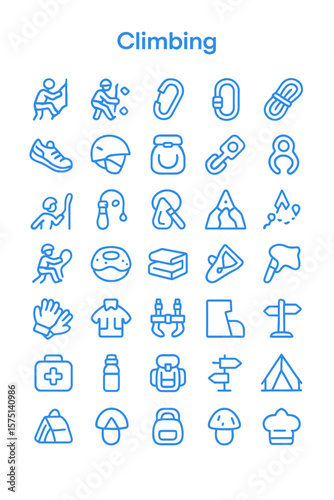 Collection of blue line icons representing various climbing and outdoor activities.