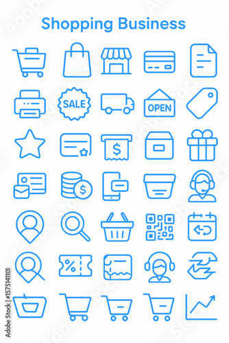 Collection of blue outline icons representing various aspects of shopping and business.