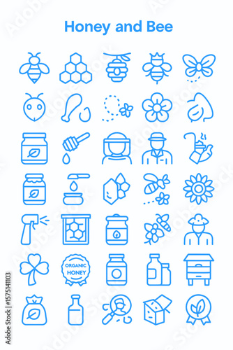 Collection of simple line icons depicting honey, bees, beekeeping equipment, and related elements.