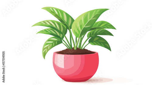 Vibrant Red Flower Pot with Green Plant and Soil