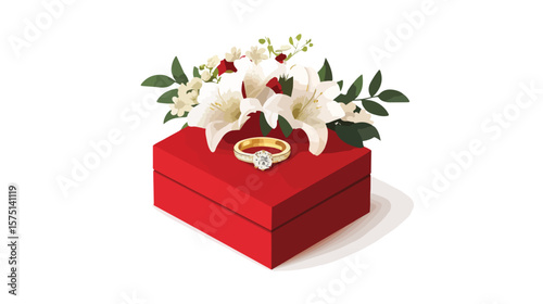 Elegant Red Wedding Square-Shaped Box with Golden Ring