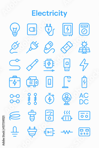 A collection of blue line icons illustrating various electrical components and devices.