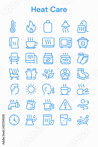 Collection of simple, outlined, light-blue icons representing various heat care methods and products.