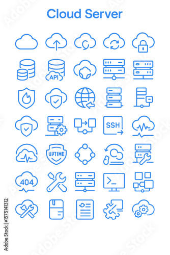 Collection of blue line icons representing various cloud server functionalities.