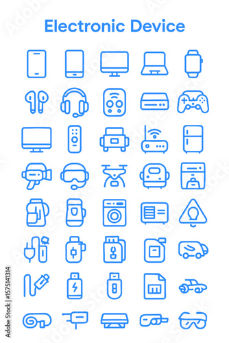 Collection of various outlined electronic devices, from smartphones to drones.
