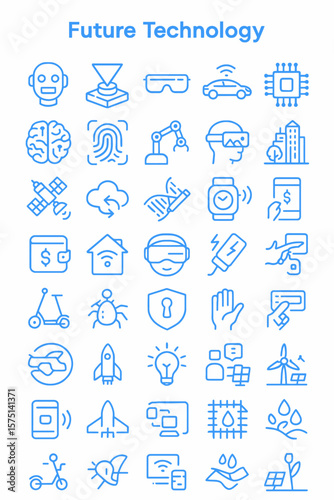 A collection of blue line icons depicting futuristic technologies, including robotics, virtual reality, smart homes, and renewable energy.