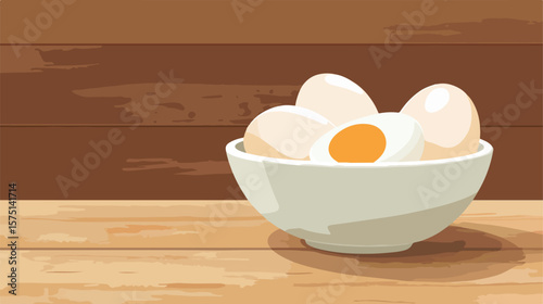 Side View of Boiled Eggs with Bowl on Wooden Surface