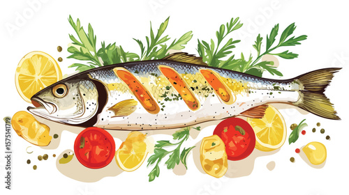 Delicious baked seabass with tomatoes from side view