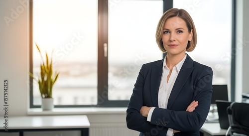 Confident businesswoman in a suit standing in an office with a window view