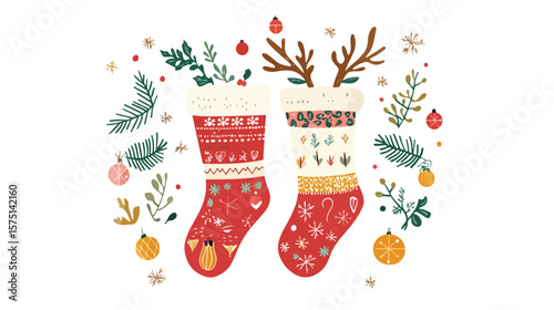 Festive Socks Ornament with Reindeer Vector Isolated Design