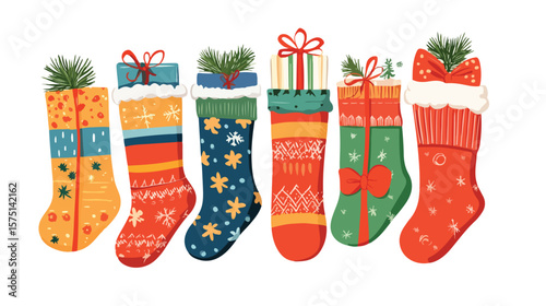 Festive Socks Ornament with Gifts Vector Isolated on White Background