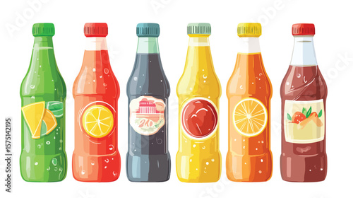 Variety of Soda Bottles Set with Labels and Glass Bottles