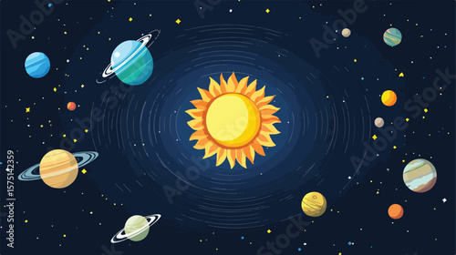 Solar System and Planets Orbiting Sun in Space
