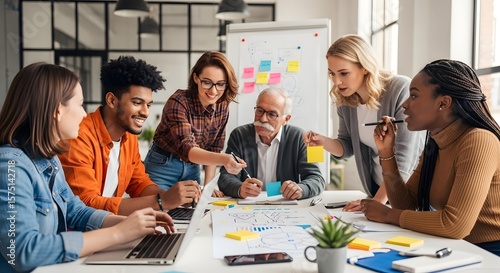 Diverse group of professionals collaborating around a table with a whiteboard