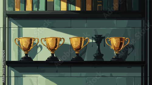 Realistic Trophy Awards Shelf Composition for Recognition Visuals